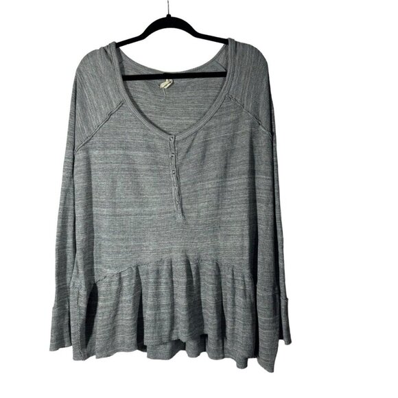 We The Free People Size Large Gray Long Sleeve Top Ruffled Waffle - Picture 1 of 7